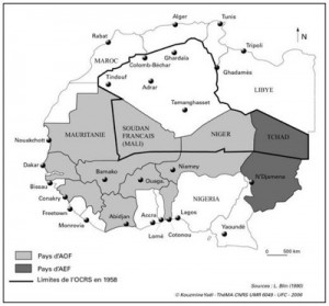 Mapa del proyecto francés de 1957 para crear un territorio sahariano dependiente de Francia. El proyecto que protegía las instalaciones nucleares del desierto argelino, fue abandonado rápidamente.